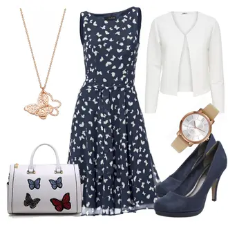 Outfit mit Dunkelblau/Blau Kleid Große Größe/Polka Dot-Kleid/Sommerkleid/50er Jahre Kleid/Ärmelloses Kleid/A-Linien Kleid/Bedrucktes Kleid/Fit & Flare Kleid Heine "BlauerSchmetterling"