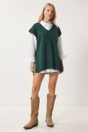 Happiness stanbul Women's Emerald Green V Neck Belted Long Knit Sweater