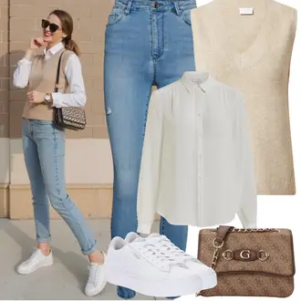 Outfit mit HellBlau/Blau Lederjacke/Damen 7/8-Länge Jeans/Ankle Boot/High Waist Jeans/Jeans mit Schlitz/Jeans mit Loch/Push up Jeans/Schlupfjeans/Cuir Chaussures VERO MODA "Frühling outfit"