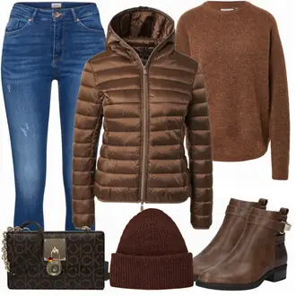 80er Outfit mit Braun/Dunkelbraun/Beige Klassischer Stiefel/Cowboystiefel/Gefütterte Stiefelette/Vintage Stiefel/Rahmengenähter Schuh/Leder Stiefelette/Lederjacke/Vintage Stiefelette/Reitstiefel/Chelsea Boot About You "Winterlicher Look"Look: Uni, Western, Country Styl, Cowgirl, Schön, Duckfeet, 80er