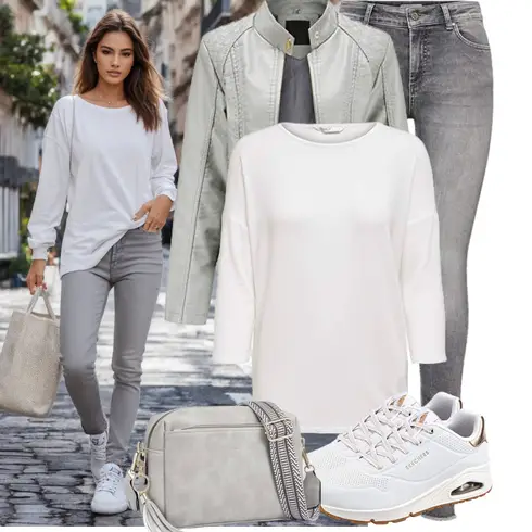 Grau/Hellgrau Motorradjacke/Frühlingsjacke/Sommerjacke/Jacke mit Seitlichem Reißverschluss/Bikerjacke/Kunstlederjacke E-girl kombinieren