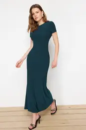 Emerald Green Short Sleeve Fitted Crew Neck Flexible Knitted Maxi Pencil Dress