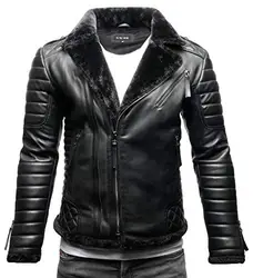 Crone Naik Herren Biker Lederjacke Echtleder Shearling Jacke mit Fellbesatz (M, Heavy Washed Black (Rindsleder))