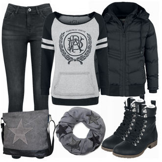 Militär Outfit mit Grau/Dunkelgrau/Dunkelblau Kopftuch/Hut Bandana/Loop Schal styleBREAKER "Star"Look: Edel, Metal, Metallic, Oversize, Militär, Retro, 80er