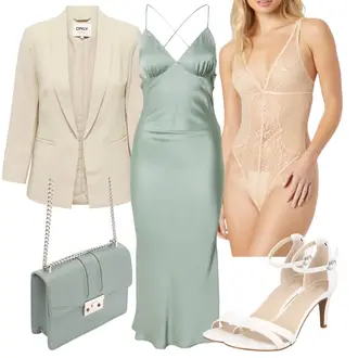 Satin Outfit mit Hellblau/HellGrün/Grün Kleid Große Größe/Rückenfreies Kleid/Kleid mit Schlitz/TrägerKleid/Langes Satin Kleid/MidiKleid LENI KLUM x ABOUT YOU "Elegante Frühlings Outfits"