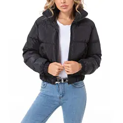 Pufferjacke für Damen, lässig, langärmelig, Bomberjacke, durchgehender Reißverschluss, gepolsterter Wintermantel, schwarz, Medium