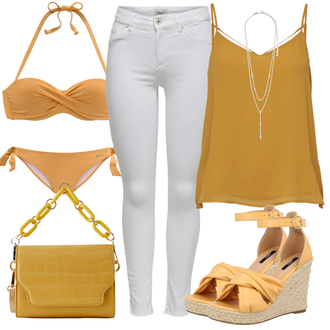 Outfit mit Grau/Weiß/Creme/Silber Lederjacke/Ankle Boot/Biker Jeans/Caprijeans/Jeans mit Schlitz/Low Rise Jean/Low Waist Jean/Push up Jeans/Slim Fit Jeans/Cuir Chaussures Only "Outfit in warmen Sommerfarben"