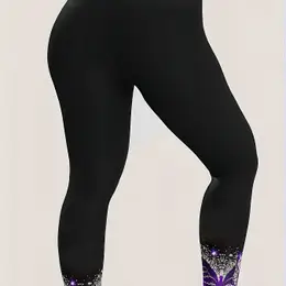 Plus Size Print Leggings For Women - Polyester Knit Fabric With Medium Stretch - Leggings For Spring, Summer, Fall