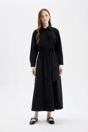 Shirt Collar Basic Plain Buttoned Belted Poplin Long Sleeve Maxi Black Dress