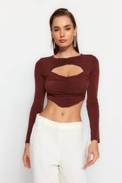 Brown Draped Window/Cut Out Detail Knitted Blouse