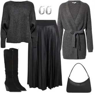 Stiefel Outfits mit Schwarz/Dunkelgrau/Grau Short Große Größe/Wadenlanger Rock/Christlicher Rock/Langer Rock/Maxirock/Midirock/Moderne Rock/Plisseerock/Standesamt Rock/Hose Große Größe/Kleid Große Größe Vila "Kuscheliger Businesslook"