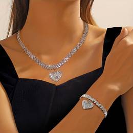 [rhinestone Embellishments] Elegant Rhinestone Heart & Diamond Chain Necklace And Bracelet Set For Women - Luxurious Sparkling Jewelry With