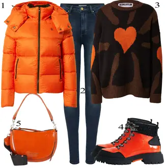 Turistika Outfit s Oranžová/Červená Gumová Kotníková Bota/Kožená bunda/Nepromokavá kozačka/Nepromokavá Bota/Teniska Zimní Tenisky/Trekingová Bota/Šněrovací Kozačka Desigual "Podzimní Outfit"Look: Horolezectví, Trekking, Turistika, Skating, Bruslení