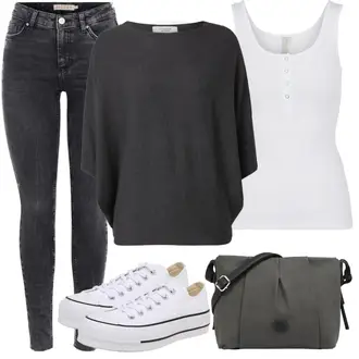 Outfit mit Schwarz/Grau/Dunkelgrau Strick Große/Klassische Tunika/Bluse Lederjacke/Oversize Bluse/Tuniken-Shirt/Shirt & Top Große Größe/Tunika/Pullover Mit Fledermausärmel/Kaschmir Pullover JdY "Frühlings Outfit"