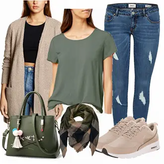 Outfit mit Grau/Beige Sneaker Nike "Beige Jacke"