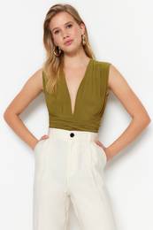 Green Tie Detail V Neck Fitted/Sleeping Elastic Knitted Bodysuit
