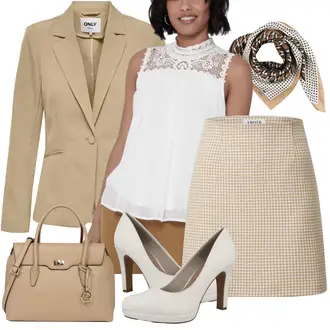 Vintage Outfits 70er mit Beige/Braun/Khaki Minirock/60er Jahre Rock/70er Minirock/Hahnentritt Rock/Moderne Rock/Karierter Rock/Tweed Rock/Unisex Rock/Woll Rock Edited "Modernes Business Outfit"Look: A-linie, 70er, Coole, Egirl, Französische, Italienische
