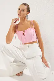 Pink Tie Detail Ruffled Crop Woven Bustier