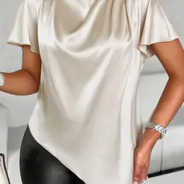 Elegant High Neck Bat Wing Sleeve Polyester Shirt, Asymmetrical Hem, Solid Color, Non-stretch, Woven, 100g/m², For Summer