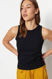 Black Cotton, Sleeveless, Knitted Singlet