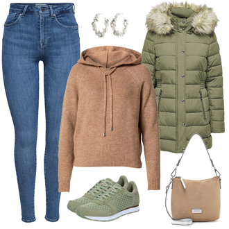 Outfit mit Grün/DunkelGrün/Khaki Mantel mit Fellkragen/Daunenmantel/Parka/Steppmantel/Wintermantel/Daunenjacke/Federjacke/Parka-übergangsjacke/Puffer Jacke/Sommerdaunenjacke/Winterjacke/Winter Parka Only "Bequemer Freizeitlook"