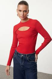 Red Cut Out/Window Detailed Crew Neck Ribbed Stretchy Knitted Blouse