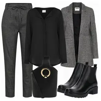 Oversize Kurz Outfit mit Schwarz Chelsea Boot/Lederjacke/Flache Stiefelette/Gummistiefelette About You "Vila bluse"Look: Uni, Schick, Edel, Coole, Oversize, Techno, Unisex, Wetlook