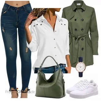 Jeans Outfit mit Weiß/Creme LangarmBluse/Einfarbige Bluse/Slim Fit Bluse/Bluse Mit Ellen­bogen-patch/Bluse Mit Knopf Aleumdr "Aleumdr Bluse"