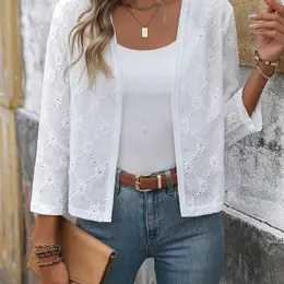 Hollow Out Open Front Jacket, Elegant Long Sleeve Solid Color Jacket For Spring & Fall, Women's Clothing