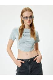 Crop T-Shirt Gather Detailed College Printed Washed Short Sleeve Slim Fit