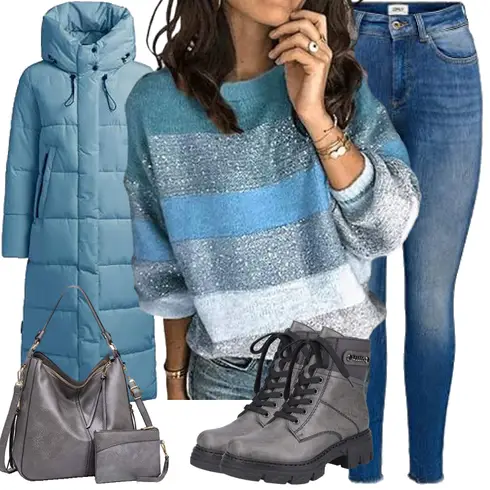 HellBlau/Blau/Grau Strickjacke HEYPORK kombinieren