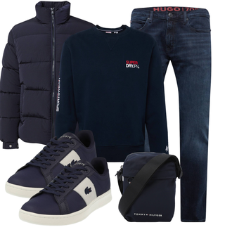 Outfit mit Dunkelblau Slim Fit Jeans/Straight Leg Jean/Winterjacke/Low Rise Jean/Leder Schuhe/Regular-Fit Jeans/Damen 7/8-Länge Jeans/Sportschuhe/Tapered-Jeans/ThermoJeans Hugo "Freizeit Outfit"
