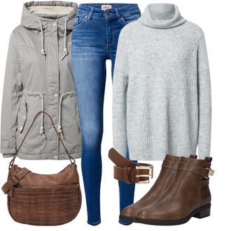 80er Outfit mit Braun/Dunkelbraun/Beige Rahmengenähter Schuh/Vintage Stiefel/Vintage Stiefelette/Reitstiefel/Gefütterte Stiefelette/Leder Stiefelette/Cowboystiefel/Klassischer Stiefel/Chelsea Boot/Lederjacke About You "Toller Look für die Freizeit"Look: Uni, 80er, Country Styl, Cowgirl, Duckfeet, Schön, Western