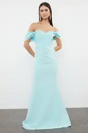 Light Blue Pearl Embroidered Shiny Stone Woven Long Evening Dress