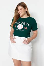 Curve Emerald Green Printed Ribbed Knitted Blouse