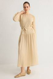 Beige Textured Gipe Detailed Belted Woven Dress