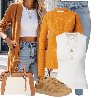 Outfit sa Bijela/Krem Top Bez Rukava/Muške cipele/Pleteni top/Grafička majica Edited "Moderan outfit za slobodno vrijeme"