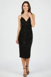 Black V Neck Sequin Knitted Stylish Dress