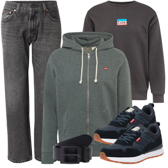 Laufen Outfit mit Grau/Dunkelgrau/Hellgrau Loose fit Jeans/Formelles Hemd/Dad Jeans/Vintage Jeans/Straight Leg Jean/T-Shirt/Boyfriend Jean/Wide Leg Jean/Girlfriend Jeans/Cropped Jeans/Low Rise Jean/Sportschuhe levi's ® "Alltags Outfit"Look: Laufen, Reiten