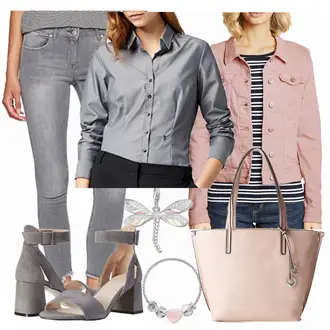Outfit mit Grau/Dunkelgrau Bluse mit Stehkragen/Bluse Mit Ellen­bogen-patch/LangarmBluse/Bluse Mit Knopf/Business Bluse/Bügelfreie Bluse Seidensticker "Only"