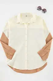 Curve Ecru Color Block Boyfriend Wide Fit Woven Shirt