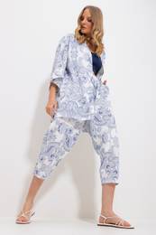 Trend Alaat Stili Women's Indigo Patterned Kimono With Jacket And Trousers Linen Woven Bottom Top Set
