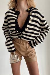Black Striped Crew Neck Gold Button Detailed Cotton Cardigan