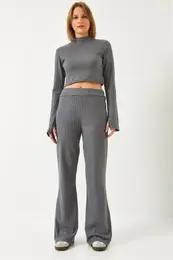 Women's Fingered Elastic Waisted Palazzo Pants Ribbed Bottom-Top Suit 0206