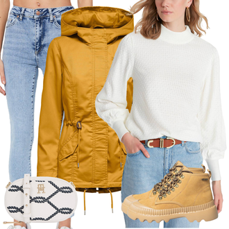Turistika Outfit s Béžová/Žlutá/Hnědá Teniska Zimní Tenisky/Trekingová Bota/Teniska teddy/Šněrovací Kozačka na Platformě/Teniska na platformě/Chunky Tenisky Big Star "Outfit na podzim"Look: Turistika, Trekking, Na Procházku