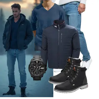 Outfit mit Schwarz Wattierte Stiefel/Wasserdichter Stiefel/Winter Stiefel/Herren Lederschuhe/Schnürstiefelette/Klassischer Stiefel/Gefütterte Stiefelette/Winter Stiefelette/Winter Sneaker Mishansha "Freizeit Outfit"