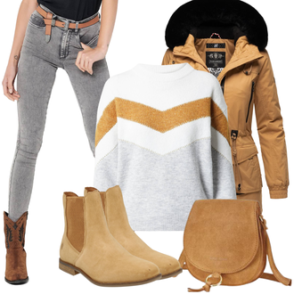 Outfit mit Grau/Hellgrau/Dunkelgrau/Braun Lederjacke/Ankle Boot/Biker Jeans/High Waist Jeans/Jeans mit Schlitz/Push up Jeans/Slim Fit Jeans/Cuir Chaussures/Thermojeans/男士皮夹克/Winterjacke Only "Freizeit Outfit"