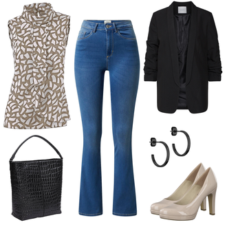 High waist Outfit mit Hellblau/Blau/Fliederfarben Schlaghose/Bootcut Pant/Flared Leggings/Ausgestellte Hose/Hose mit Schlitz/Löcherne Hose/Schlaghose Jeans/Jeans mit Schlitz/T-Shirt/High waist Jeans Only "Harmonischer Businesslook"