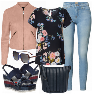 Outfit mit Blau/Hellblau/Braun Lederjacke/High Waist Jeans/Jeans mit Schlitz/Push up Jeans/Schlupfjeans/Leder Schuhe/Herren Lederjacke Only "Stylische Kombination für den Frühling"