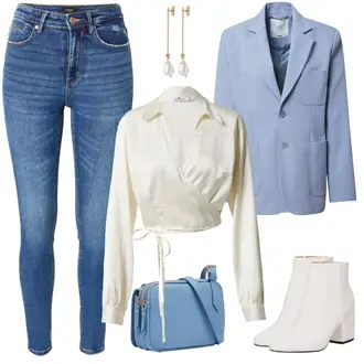 Outfit mit Hellblau/Blau Mantel/Boyfriend Blazer/Lederjacke/Oversize Blazer/Sweatblazer/Lederjacke für Männer/Kostüm rÆre by lorena rae "Schickes Freizeitoutfit"